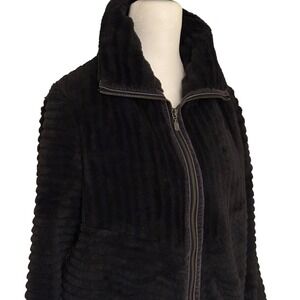 Anthropologie Black‎ Faux Fur Ribbed Zip Up Jacket XS Cozy Warm Winter